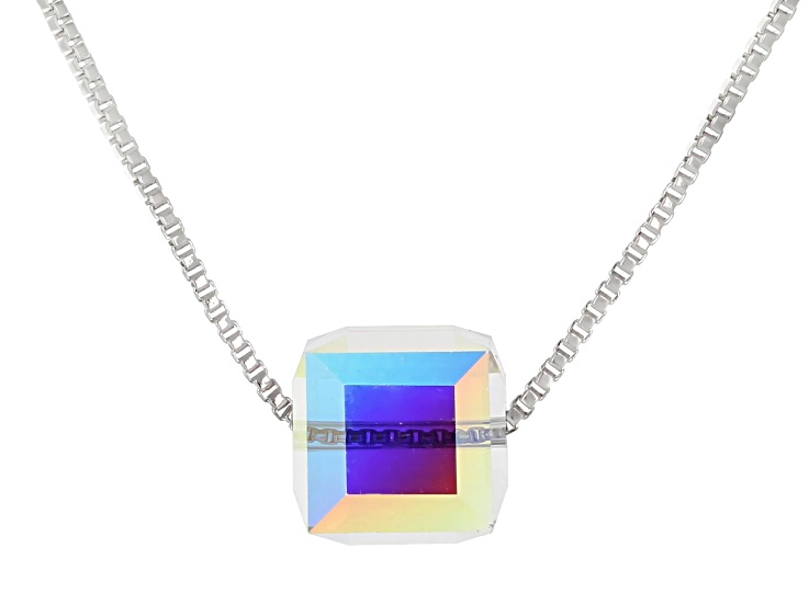 Aurora Borealis Crystal Rhodium Over Brass Cube Necklace