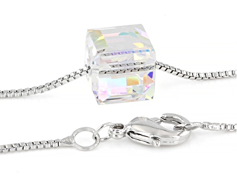 Aurora Borealis Crystal Rhodium Over Brass Cube Necklace