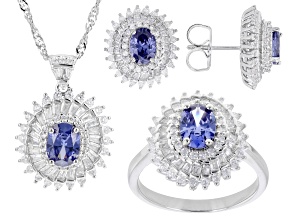 Blue and White Cubic Zirconia Rhodium Plated Ring, Pendant and Stud Set 10.61ctw