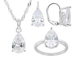 White Cubic Zirconia Rhodium Over Brass Ring, Pendant, and Earrings Set 17.87ctw