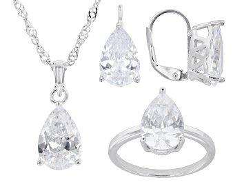 Picture of White Cubic Zirconia Rhodium Plated Ring, Pendant, and Earrings Set 17.87ctw