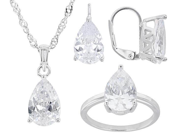White Cubic Zirconia Rhodium Plated Ring, Pendant, and Earrings