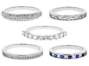 White Cubic Zirconia and Blue Lab Created Spinel Rhodium Over Brass Ring Set of 5 3.51ctw