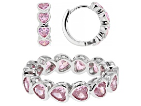 Pink Cubic Zirconia Rhodium Over Brass Heart Ring and Earring Set 6.53ctw