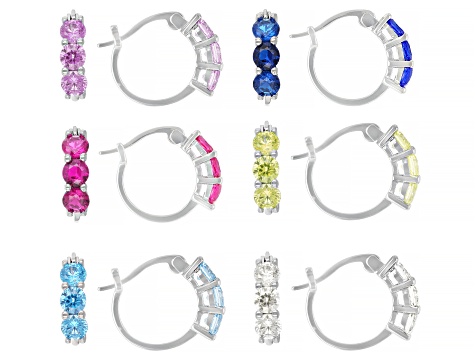 Lab Created Ruby & Multi-Color Cubic Zirconia Rhodium Over Brass Hoop Earring Set 14.58ctw