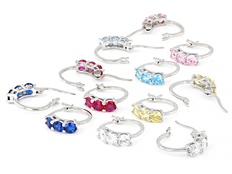 Lab Created Ruby & Multi-Color Cubic Zirconia Rhodium Over Brass Hoop Earring Set 14.58ctw
