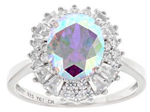 Aurora Borealis and White Cubic Zirconia Rhodium Over Sterling Silver Ring 6.00ctw