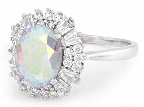 Aurora Borealis and White Cubic Zirconia Rhodium Over Sterling Silver Ring 6.00ctw