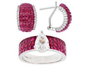 Red and White Cubic Zirconia Rhodium Over Brass Ring and Earring Set 3.95ctw