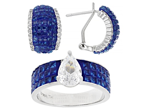 Blue and White Cubic Zirconia Rhodium Over Brass Ring and Earring Set 3.95ctw