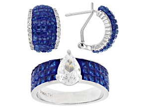Blue and White Cubic Zirconia Rhodium Over Brass Ring and Earring Set 3.95ctw