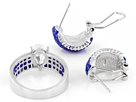 Blue and White Cubic Zirconia Rhodium Over Brass Ring and Earring Set 3.95ctw
