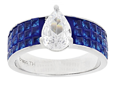 Blue and White Cubic Zirconia Rhodium Over Brass Ring and Earring Set 3.95ctw