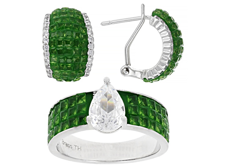 Green and White Cubic Zirconia Rhodium Over Brass Ring and Earring Set 3.95ctw