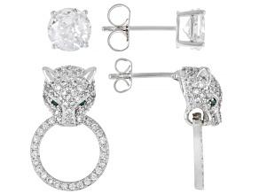 Green and White Cubic Zirconia Rhodium Over Brass Earring Set of 2 5.88ctw