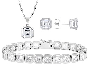 White Cubic Zirconia Rhodium Plated Stud, Pendant, and Bracelet Set 27.90ctw