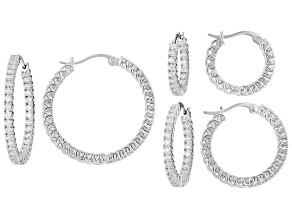 White Cubic Zirconia Rhodium Plated Hoop Earrings- Set of 3 6.22ctw