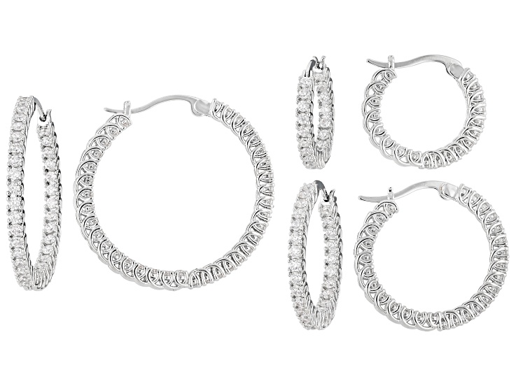 White Cubic Zirconia Rhodium Plated Hoop Earrings- Set of 3 6.22ctw