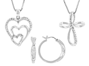 White Cubic Zirconia Rhodium Over Brass Pendant and Hoop Earring Set of 3 0.05ctw