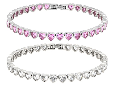 Pink and White Cubic Zirconia Rhodium Plated Heart Bracelet Set of 2 27.20ctw