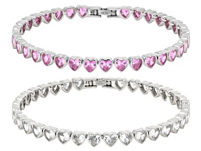Pink and White Cubic Zirconia Rhodium Plated Heart Bracelet Set of 2 27.20ctw