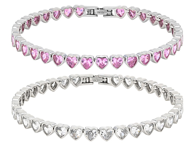 Pink and White Cubic Zirconia Rhodium Plated Heart Bracelet Set of 2 27.20ctw