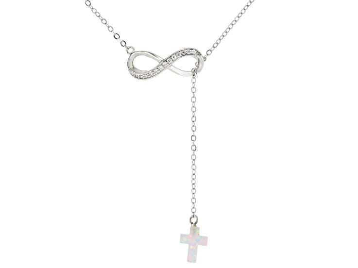 White Cubic Zirconia and Lab Opal Rhodium Over Brass Infinity Cross Necklace 0.29ctw