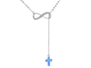 White Cubic Zirconia and Lab Blue Opal Rhodium Over Brass Infinity Cross Necklace 0.29ctw