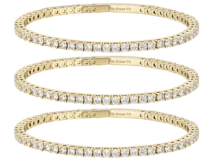 White Cubic Zirconia 18k Yellow Gold Plated Flex Bangle Set of 3 27.69ctw