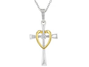 White Cubic Zirconia Rhodium And 18k Yellow Gold Plated Cross Pendant With Chain