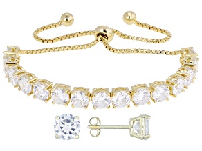 White Cubic Zirconia 14k Yellow Gold Plated Bolo Bracelet and Stud Earring Set 11.85ctw