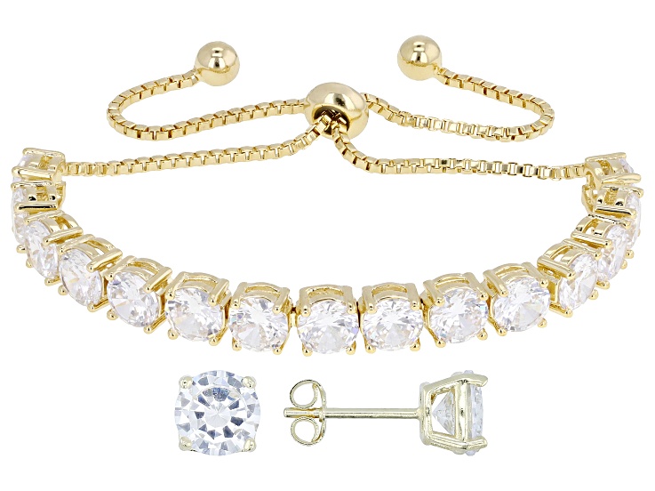 White Cubic Zirconia 14k Yellow Gold Plated Bolo Bracelet and Stud Earring Set 11.85ctw