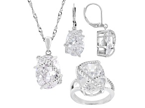 White Cubic Zirconia Rhodium Plated Ring, Pendant, and Earring Set 38.89ctw