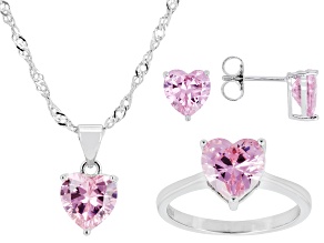 Pink Cubic Zirconia Rhodium Plated Heart Earrings, Ring, And Pendant With Chain 10.44ctw