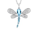 Blue Glass and White Cubic Zirconia Rhodium Plated Dragonfly Pendant 2.35ctw