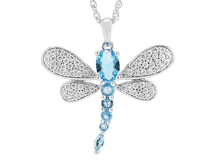 Blue Glass and White Cubic Zirconia Rhodium Plated Dragonfly Pendant 2.35ctw