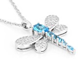Blue Glass and White Cubic Zirconia Rhodium Plated Dragonfly Pendant 2.35ctw