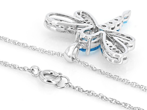 Blue Glass and White Cubic Zirconia Rhodium Plated Dragonfly Pendant 2.35ctw