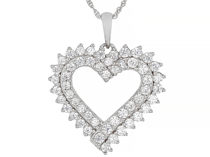 White Cubic Zirconia Rhodium Over Sterling Silver Heart Pendant 2.78ctw