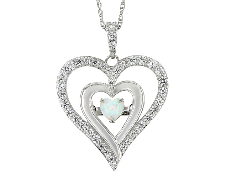 Lab Created Opal and White Cubic Zirconia Rhodium Over Sterling Silver Heart Pendant 1.56ctw