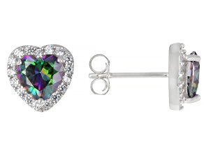 Mystic Green Aurora Borealis and White Cubic Zirconia Rhodium Over Sterling Silver Earrings 3.28ctw