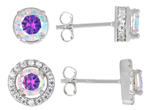 Aurora Borealis and White Cubic Zirconia Rhodium Over Sterling Silver Earrings Set 5.81ctw