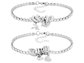 White Cubic Zirconia Rhodium Plated Charm Bracelet Set of 2 5.77ctw
