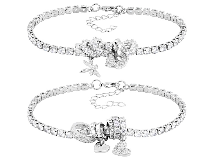 White Cubic Zirconia Rhodium Plated Charm Bracelet Set of 2 5.77ctw