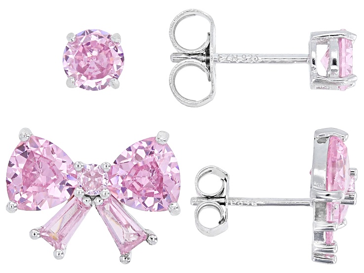 Pink Cubic Zirconia Rhodium Over Sterling Silver Bow Earring and Stud Set of 2 7.07ctw
