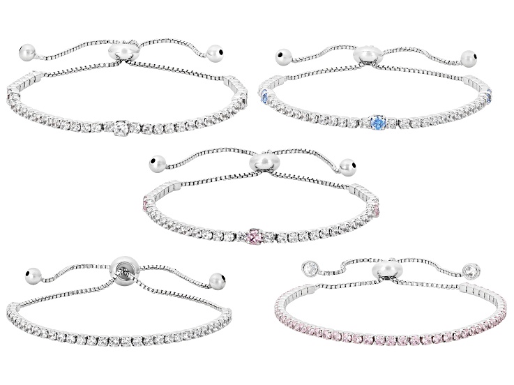 Pink, White, and Blue Cubic Zirconia Rhodium Plated Bracelet Set