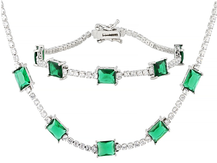 Emerald Simulant and White Cubic Zirconia Rhodium Plated Necklace and Bracelet Set 16.78ctw