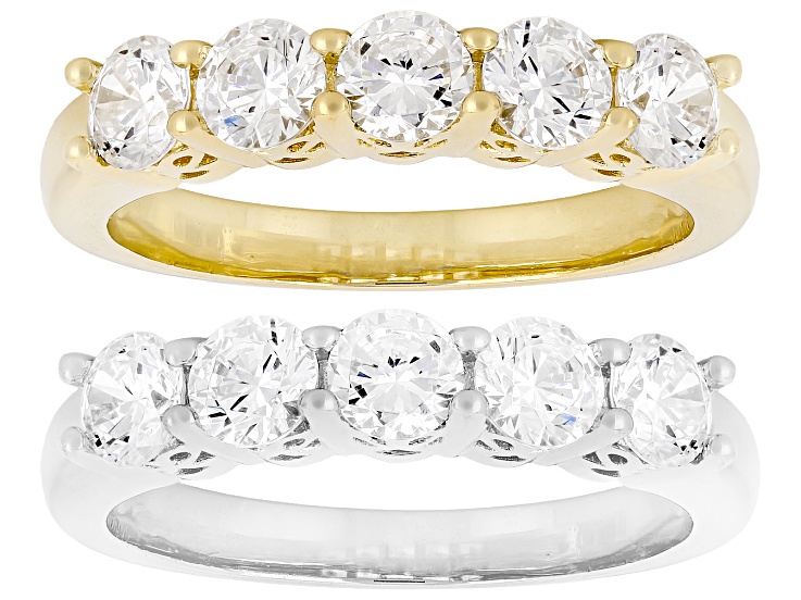 White Cubic Zirconia Platinum And 18k Yellow Gold Plated Set of 2 Band Rings 2.50ctw