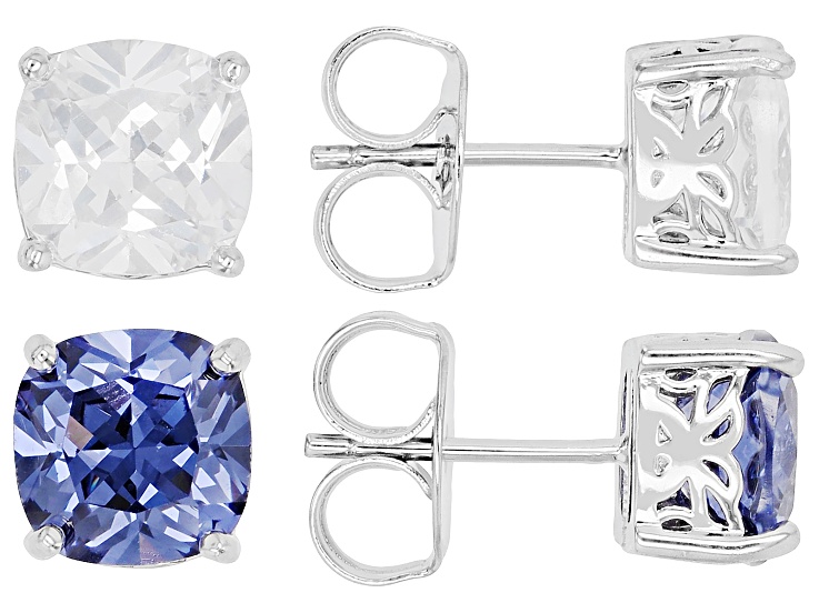 Blue And White Cubic Zirconia Rhodium Plated Ottone Earring Set 12.60ctw