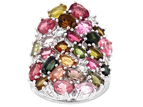 Multi-Tourmaline Rhodium Over Sterling Silver Ring 7.00ctw